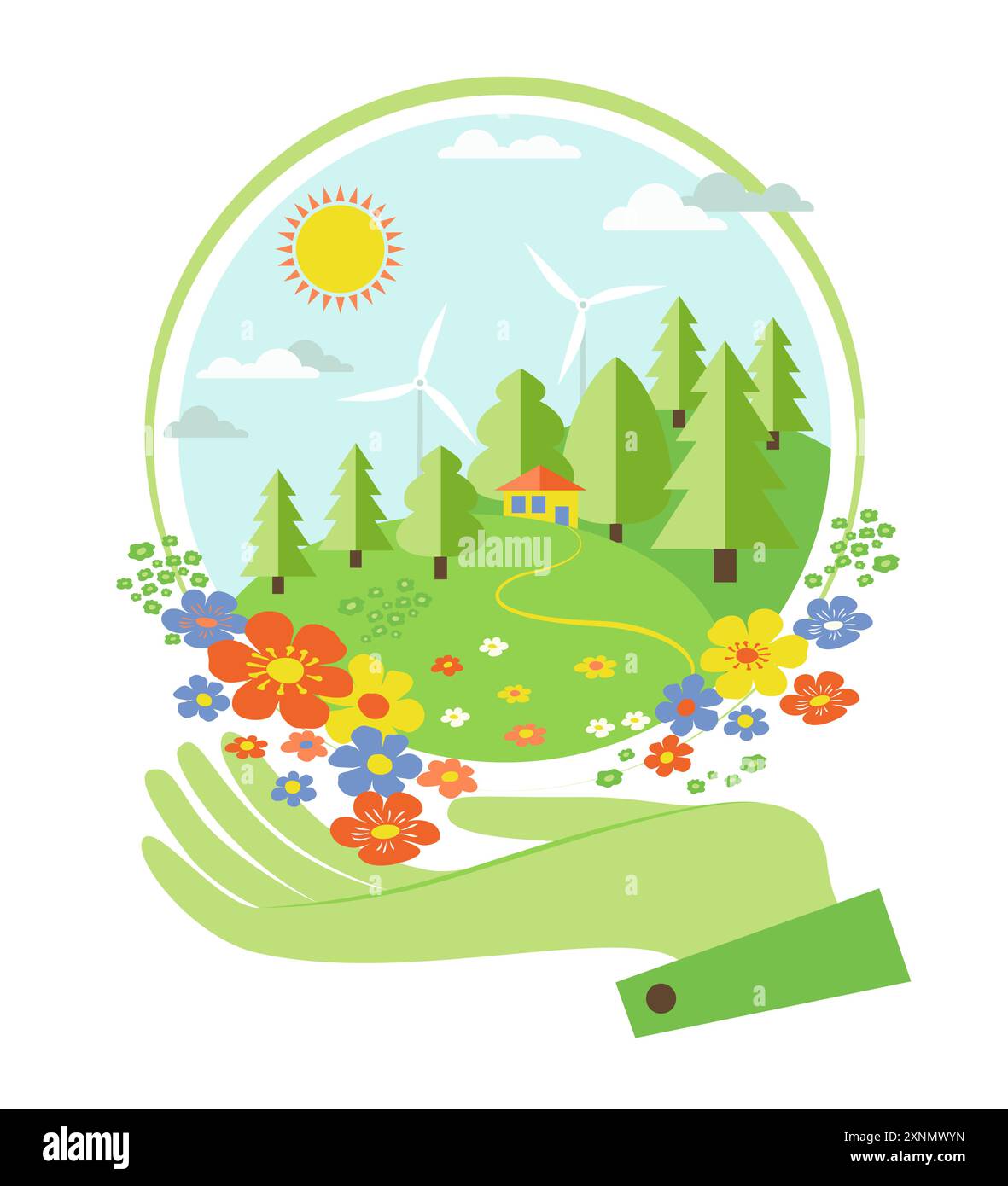 Protection de l'environnement. Sphère verte tenant la main avec des arbres, maison, générateurs de vent, fleurs. Illustration de concept d'écologie dans un style plat Illustration de Vecteur