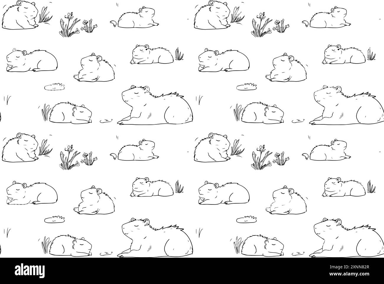 Page de coloriage capybara modèle sans couture. Dessin animé mignon dessin capy imprimé de mode pour les enfants isolés. Dessin à l'encre noire illustration vectorielle dessinée à la main Illustration de Vecteur