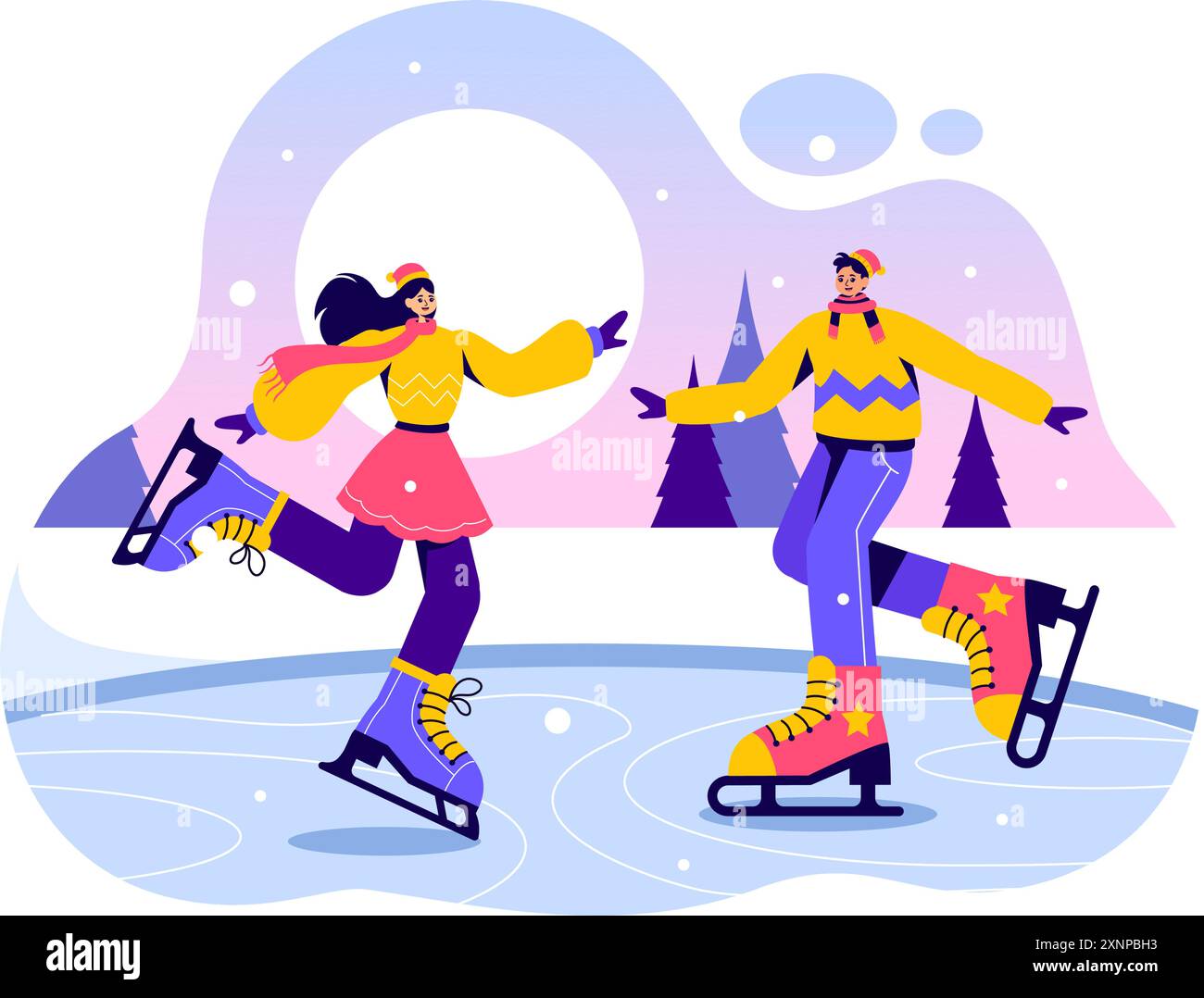 Patinage sur glace illustration vectorielle des activités sportives extérieures amusantes d'hiver sur une patinoire avec vêtements d'extérieur saisonniers dans un fond de dessin animé de style plat Illustration de Vecteur