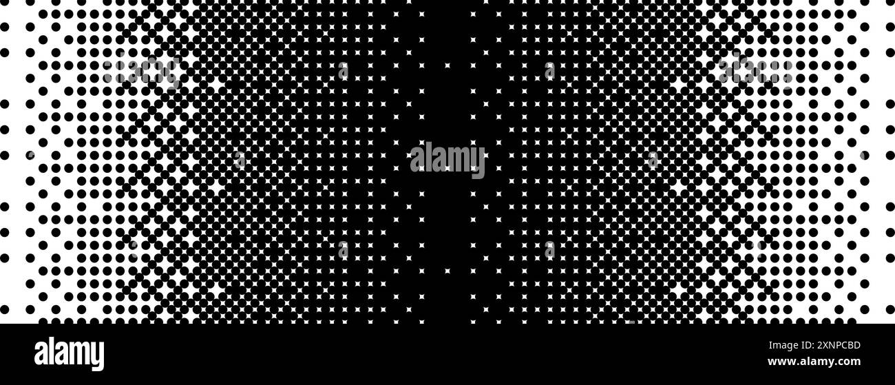 Dégradé de texture bitmap en fondu. Fond de motif de tramage noir et blanc. Superposition pixélisée abstraite présentant des paillettes. fond d'écran de jeu vidéo 8 bits. Toile de fond demi-ton disparue. Vectoriel rétro pixel art Illustration de Vecteur