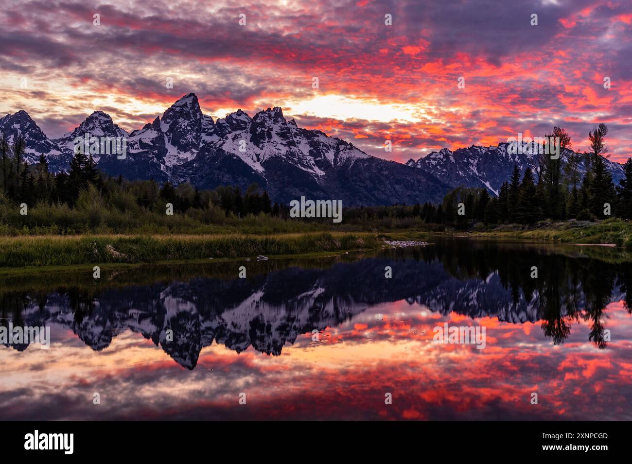 Parc national de Grand Teton au coucher du soleil depuis Swabacker Landing Banque D'Images
