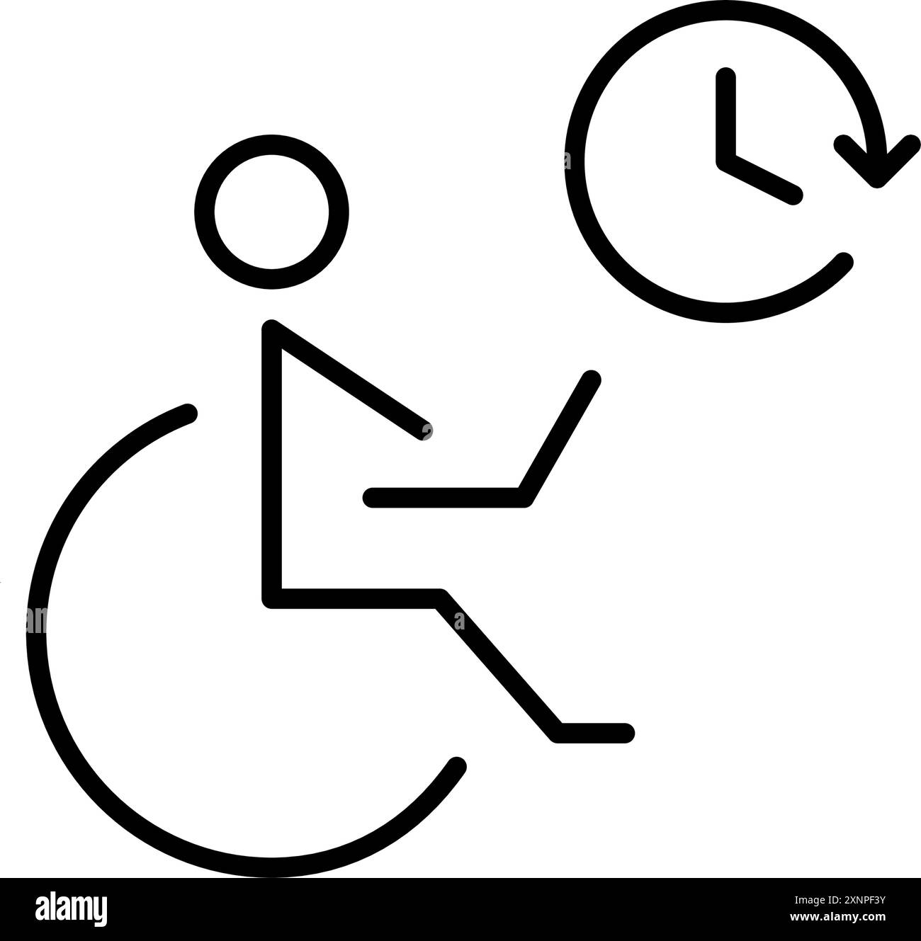 Personne handicapée en fauteuil roulant travaillant à l'ordinateur portable et horloge. Inclusivité, horaire de travail à distance. Icône vectorielle Pixel Perfect Illustration de Vecteur
