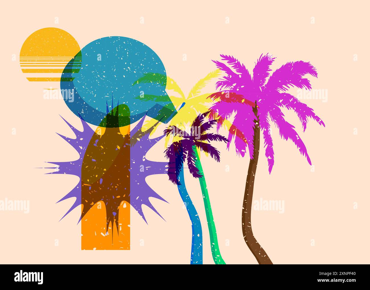 Risograph Palm Tree avec bulle de parole avec des formes géométriques. Les objets dans le graphique riso à la mode impriment la conception de style de texture avec des éléments géométriques. Illustration de Vecteur
