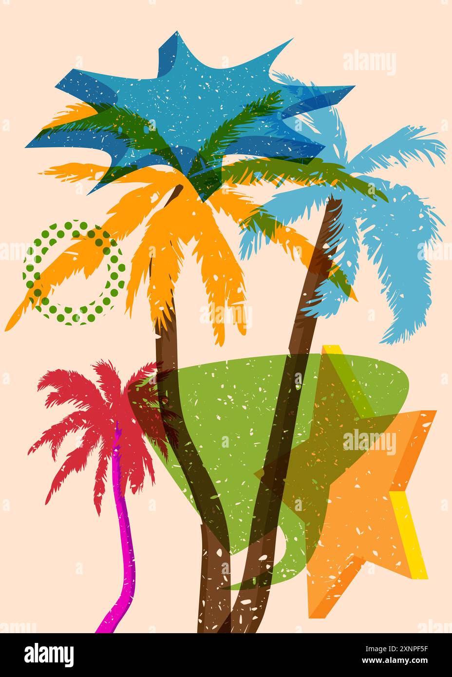 Risograph Palm Tree avec bulle de parole avec des formes géométriques. Les objets dans le graphique riso à la mode impriment la conception de style de texture avec des éléments géométriques. Illustration de Vecteur