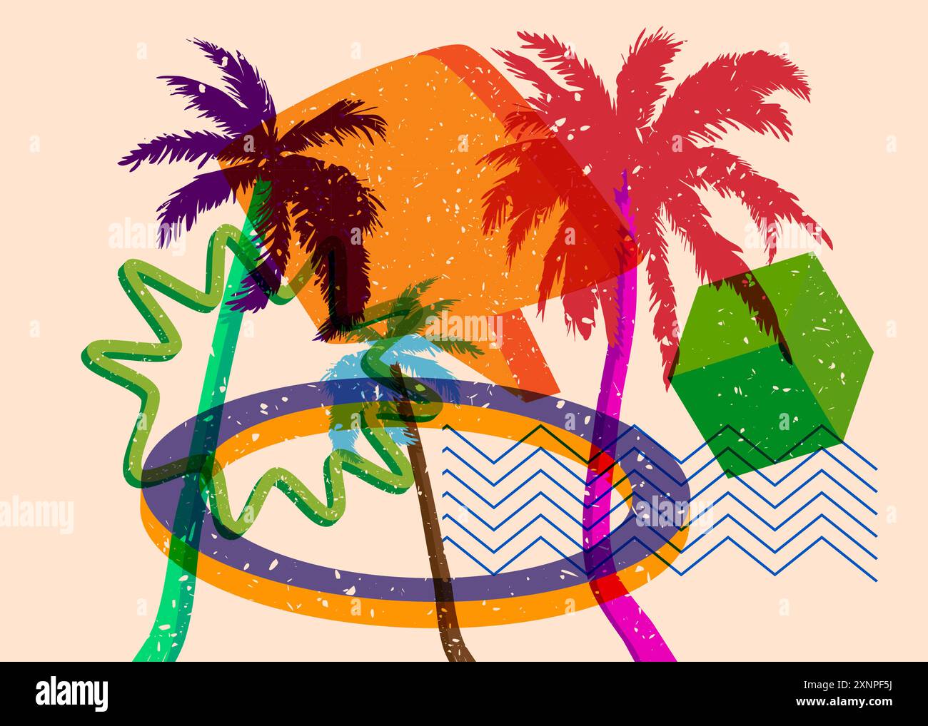 Risograph Palm Tree avec bulle de parole avec des formes géométriques. Les objets dans le graphique riso à la mode impriment la conception de style de texture avec des éléments géométriques. Illustration de Vecteur