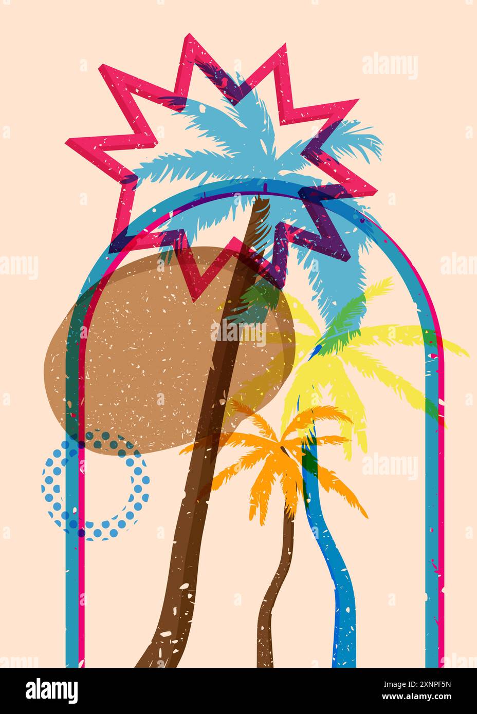 Risograph Palm Tree avec bulle de parole avec des formes géométriques. Les objets dans le graphique riso à la mode impriment la conception de style de texture avec des éléments géométriques. Illustration de Vecteur