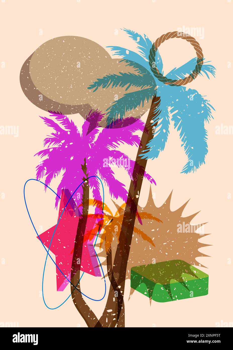 Risograph Palm Tree avec bulle de parole avec des formes géométriques. Les objets dans le graphique riso à la mode impriment la conception de style de texture avec des éléments géométriques. Illustration de Vecteur