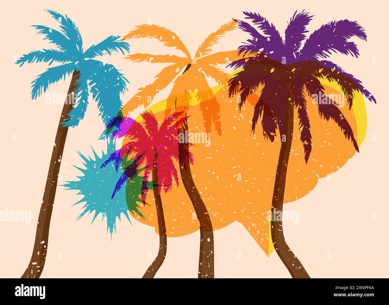 Risograph Palm Tree avec bulle de parole avec des formes géométriques. Les objets dans le graphique riso à la mode impriment la conception de style de texture avec des éléments géométriques. Illustration de Vecteur