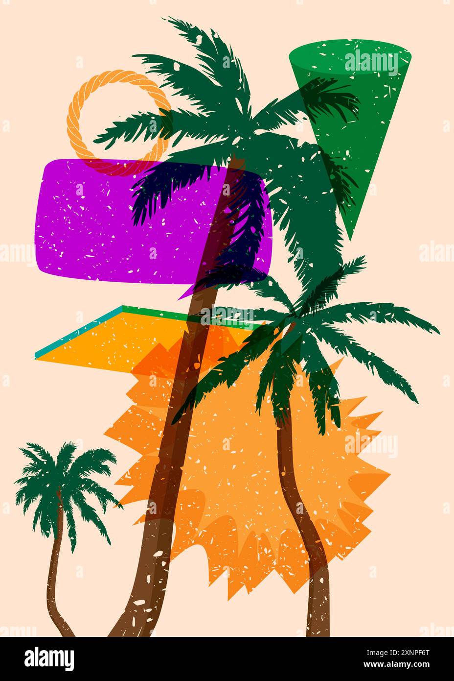 Risograph Palm Tree avec bulle de parole avec des formes géométriques. Les objets dans le graphique riso à la mode impriment la conception de style de texture avec des éléments géométriques. Illustration de Vecteur
