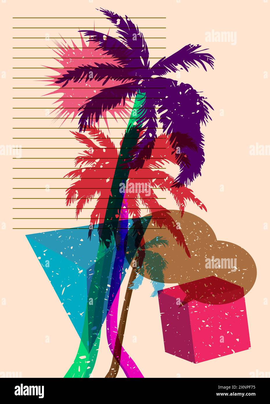 Risograph Palm Tree avec bulle de parole avec des formes géométriques. Les objets dans le graphique riso à la mode impriment la conception de style de texture avec des éléments géométriques. Illustration de Vecteur