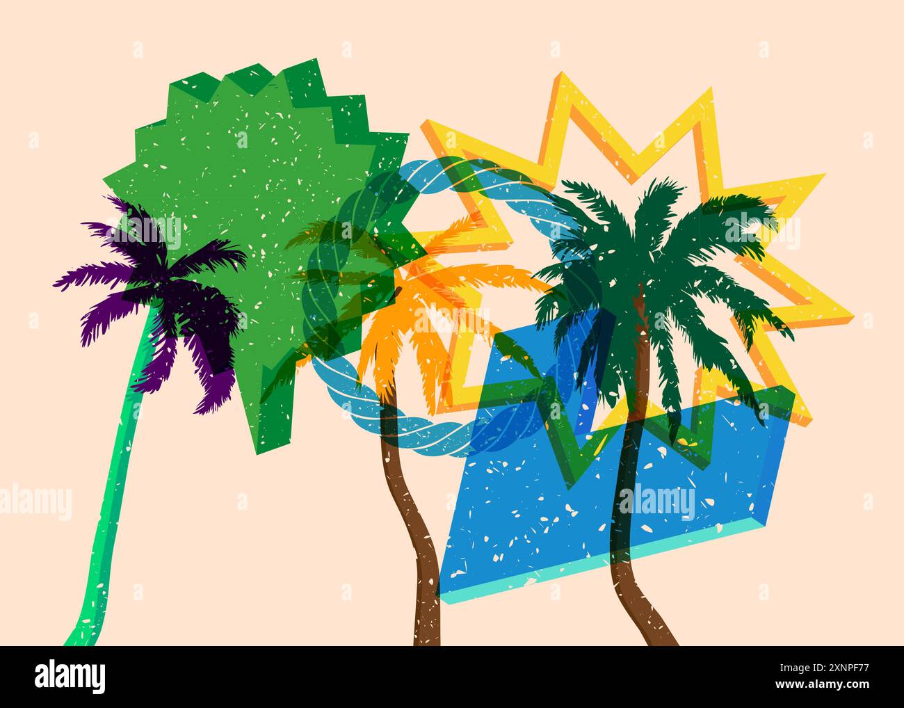 Risograph Palm Tree avec bulle de parole avec des formes géométriques. Les objets dans le graphique riso à la mode impriment la conception de style de texture avec des éléments géométriques. Illustration de Vecteur