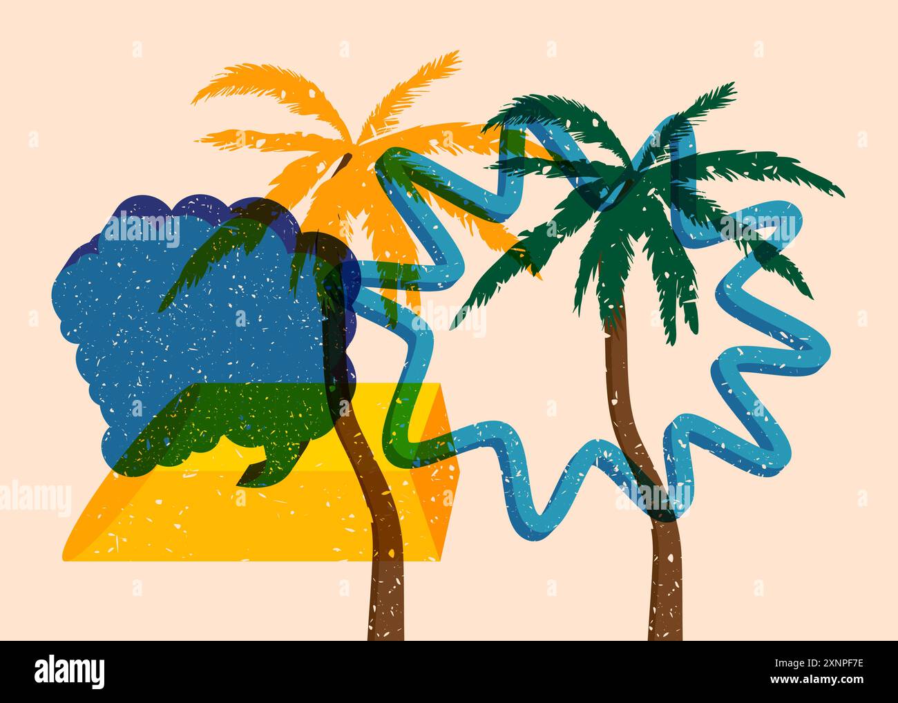 Risograph Palm Tree avec bulle de parole avec des formes géométriques. Les objets dans le graphique riso à la mode impriment la conception de style de texture avec des éléments géométriques. Illustration de Vecteur