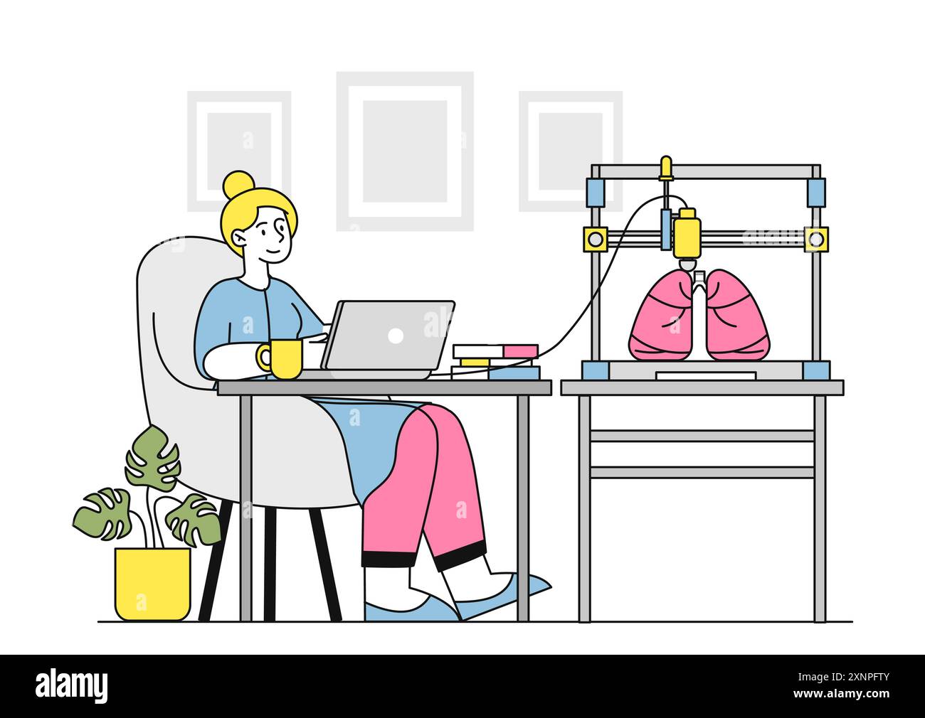 l'impression 3d en médecine. Femme avec imprimante imprime l'organe interne du coeur. Technologies modernes et innovations. Transplantation et biomédecine. Linéaire Illustration de Vecteur