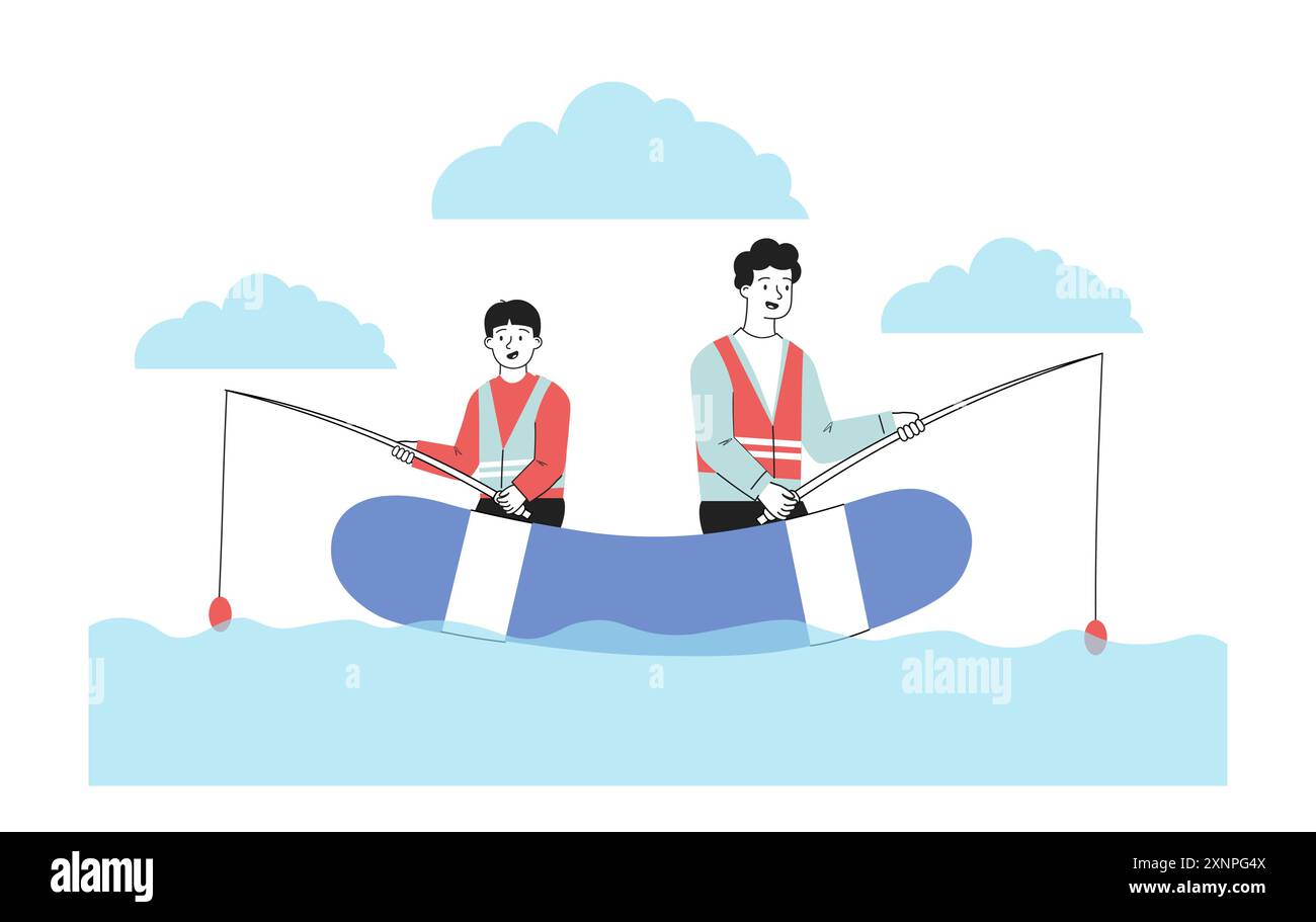 Père et fils pêchant. Homme et garçon avec des cannes à pêche assis sur le bateau gonflable au centre du lac. Adulte et enfant avec passe-temps et loisirs. Linéaire Illustration de Vecteur