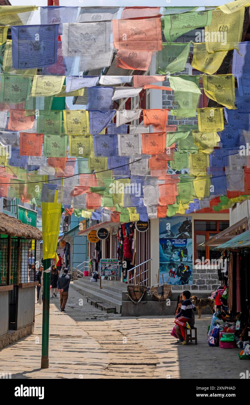 Drapeaux de prière le long de la ruelle principale à Lukla Banque D'Images Drapeaux de prière le long de la ruelle principale à Lukla Banque D'Images