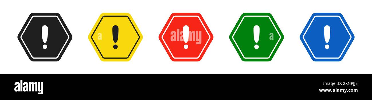 Ensemble de panneaux routiers hexagonaux noirs, jaunes, rouges, verts et bleus avec point d'exclamation. Signe d'avertissement. Icônes vectorielles pour avertir de la situation sur t Illustration de Vecteur