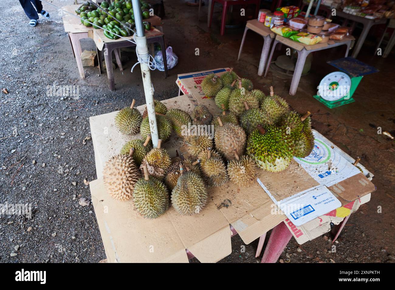 Fruits de durian frais le long de la route au Vietnam Banque D'Images