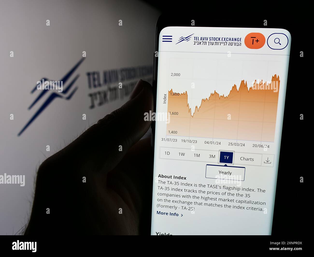 Personne tenant le téléphone portable avec la page Web de la société israélienne tel Aviv Stock Exchange (TASE) devant le logo. Concentrez-vous sur le centre de l'écran du téléphone. Banque D'Images