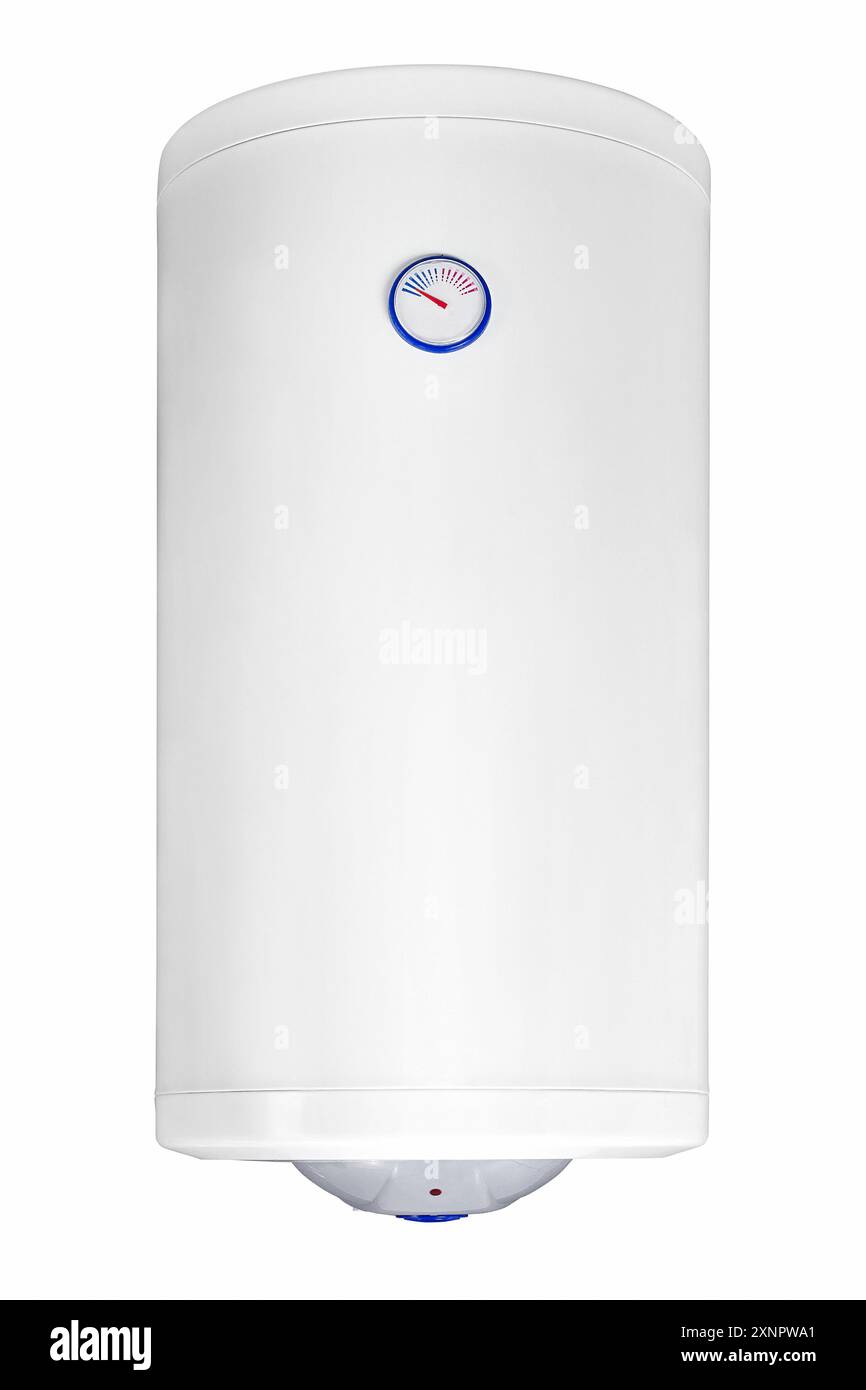 Grande chaudière combinée à réservoir moderne. Grand chauffe-eau de budget domestique régulier. Chauffe-eau à réservoir électrique commun. Énergie conventionnelle Banque D'Images