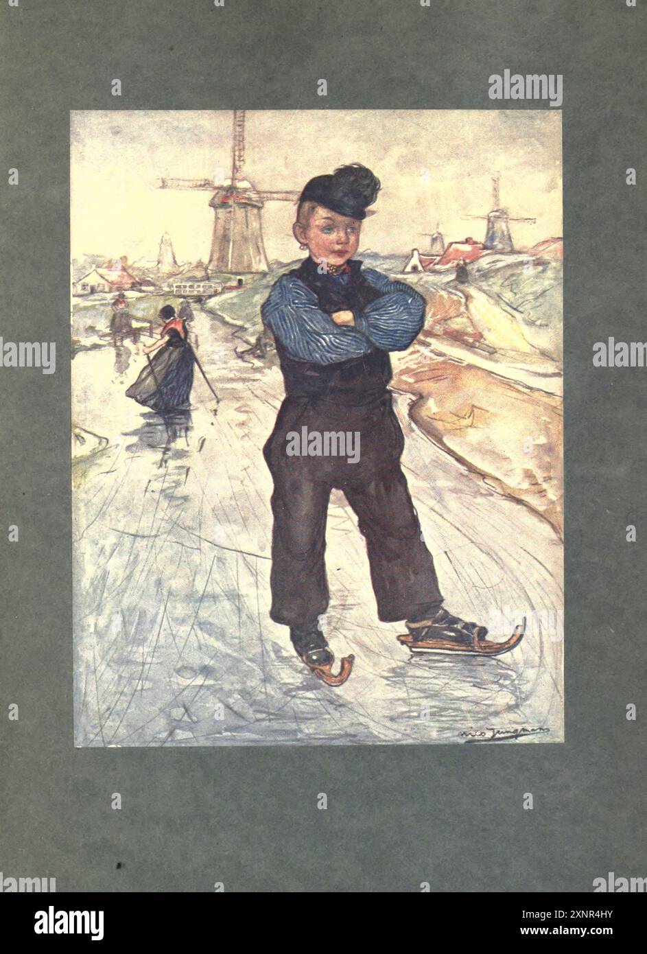 Un paysan de Veere sur patins d'art en couleur de la série ' LES GENS DE HOLLANDE ' de Nico Jungman Nicolaas Wilhelm Jungmann (en Angleterre fréquemment orthographié Jungman ; 5 février 1872 - 14 août 1935) était un peintre anglo-néerlandais de paysages et de sujets figuratifs, illustrateur de livres et décorateur. Publié en 1910 Banque D'Images