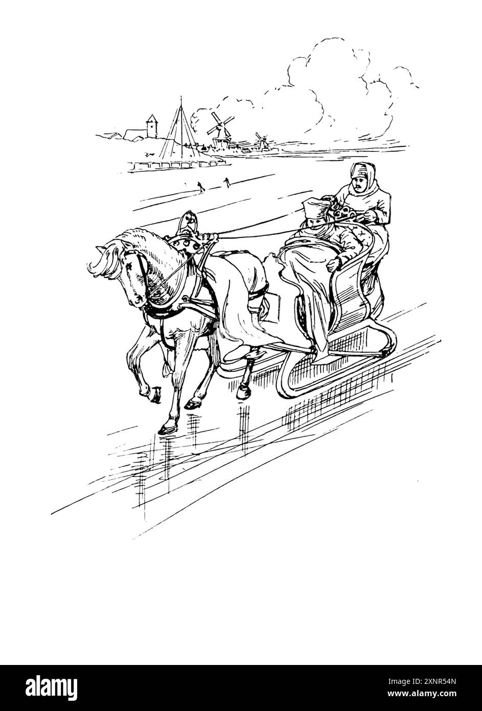 L'ARRESLEEDE Un traîneau à cheval pittoresque utilisé pendant les hivers néerlandais, illustration en noir et blanc de la série ' THE PEOPLE OF HOLLAND ' de Nico Jungman Nicolaas Wilhelm Jungmann (souvent orthographié en Angleterre Jungman; 5 février 1872 – 14 août 1935) est un peintre anglo-néerlandais de paysages et de sujets figuratifs, illustrateur de livres et décorateur. Publié en 1910 Banque D'Images