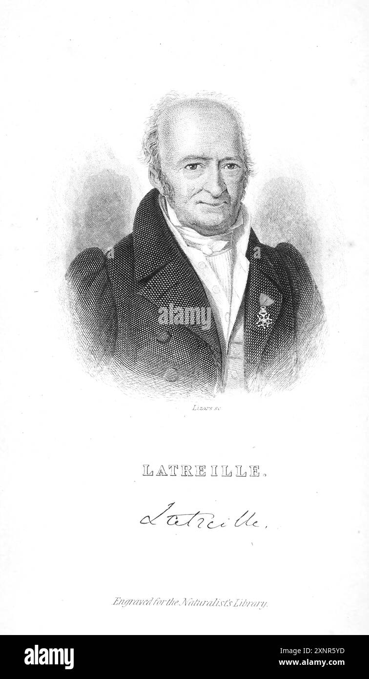 Pierre André Latreille, né le 29 novembre 1762 à pjɛʁ ɑ̃dʁe latʁɛj et mort le 6 février 1833, est un zoologiste français, spécialiste des arthropodes. Ayant suivi une formation de prêtre catholique romain avant la Révolution française, Latreille est emprisonné et ne retrouve sa liberté qu'après avoir reconnu une espèce rare de coléoptères qu'il a trouvée dans la prison Banque D'Images