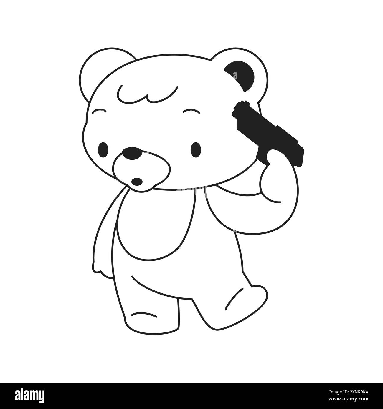 Y2K Kawaii dessin animé Teddy suicide avec arme de poing neo gothique emo contour noir icône vecteur plat illustration. Jouet ours psychédélique pistolet de tir à vous-même Illustration de Vecteur