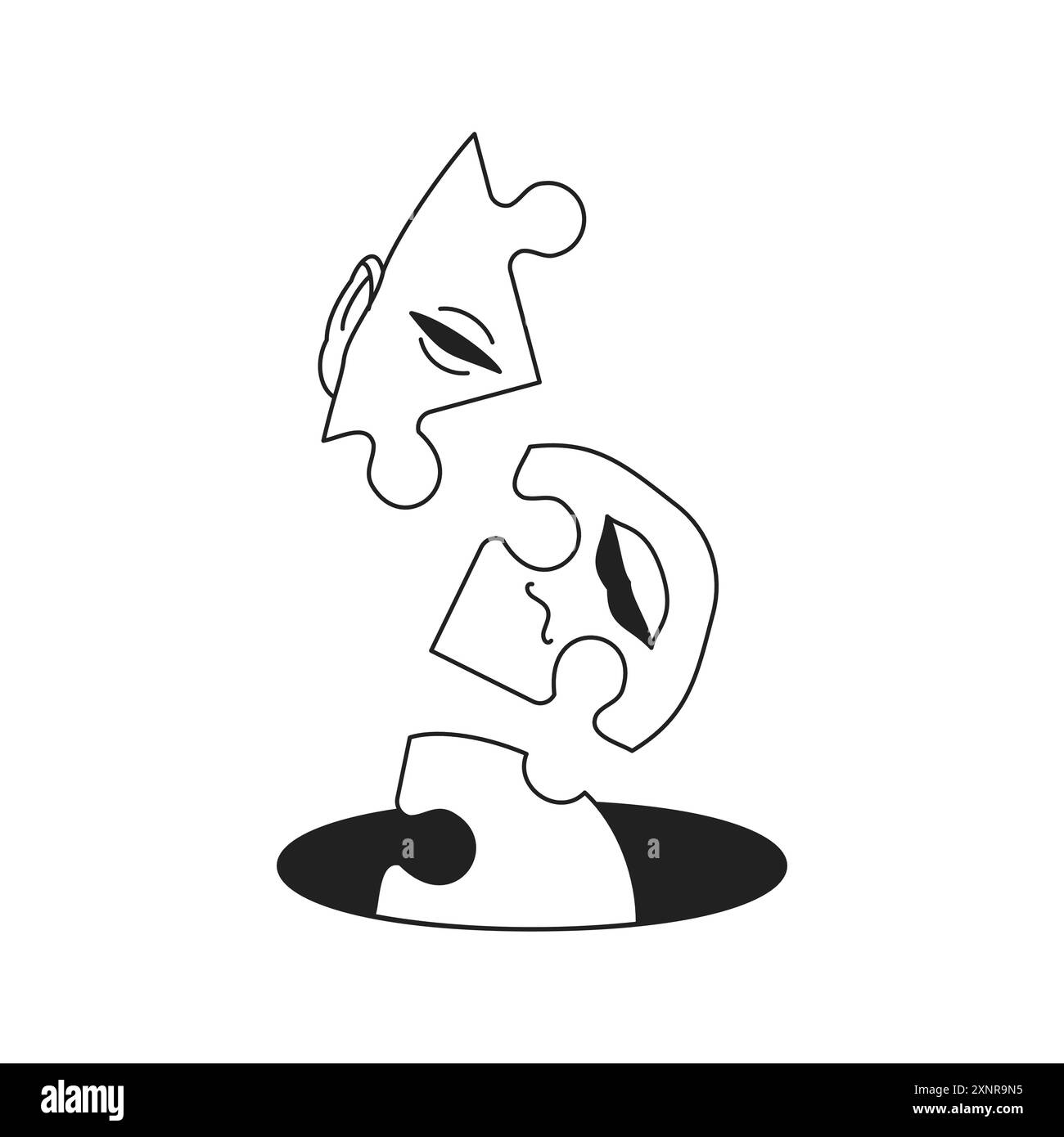 Puzzle surréaliste tête humaine futuriste tombant à trou noir Y2K contour icône illustration plate vectorielle. Idée abstraite brainstorming créativité im Illustration de Vecteur