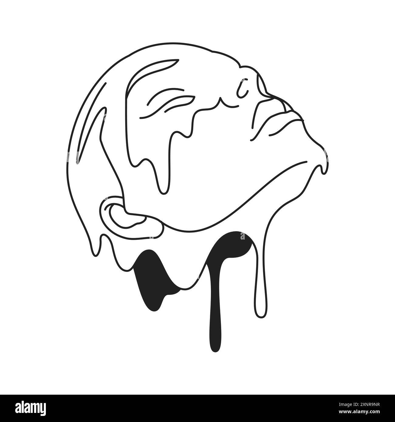 Y2K abstrait fondant la tête humaine avec l'illustration plate de vecteur d'icône noire de contour de goutte tombante. Portrait de personne surréaliste liquide science-fiction imaginat Illustration de Vecteur