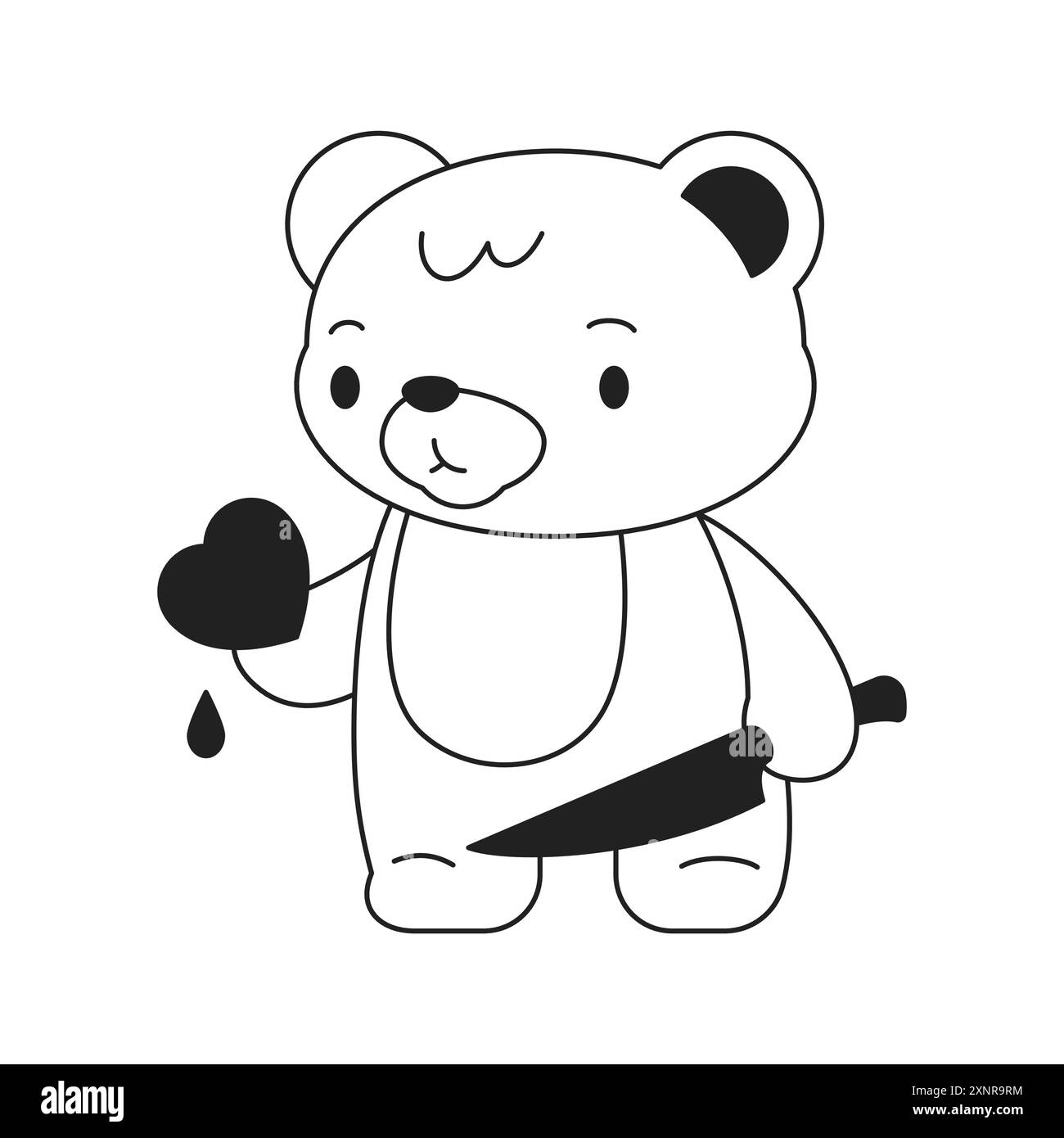 Y2K Kawaii jouet funky en peluche avec couteau et coeur Blood Drop contour noir icône illustration plate vectorielle. Ours néo gothique emo psychédélique tuant amour d Illustration de Vecteur