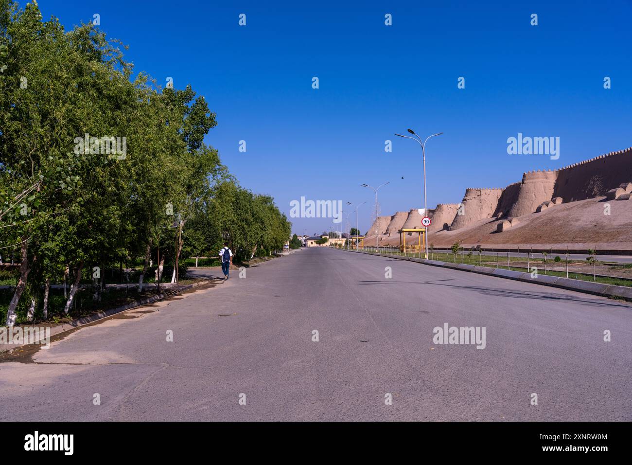Une rue avec quelques arbres et un bâtiment en arrière-plan Banque D'Images