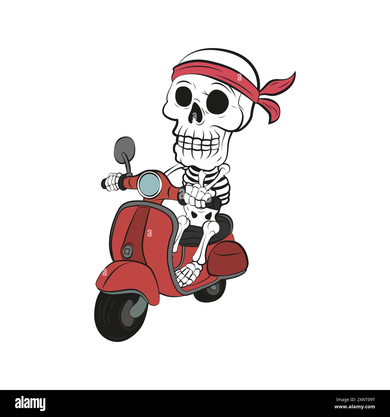 Dessin animé squelette drôle en bandana chevauchant un scooter rouge. Illustration vectorielle pour tshirt, site Web, clip art, affiche et impression sur demande. Illustration de Vecteur