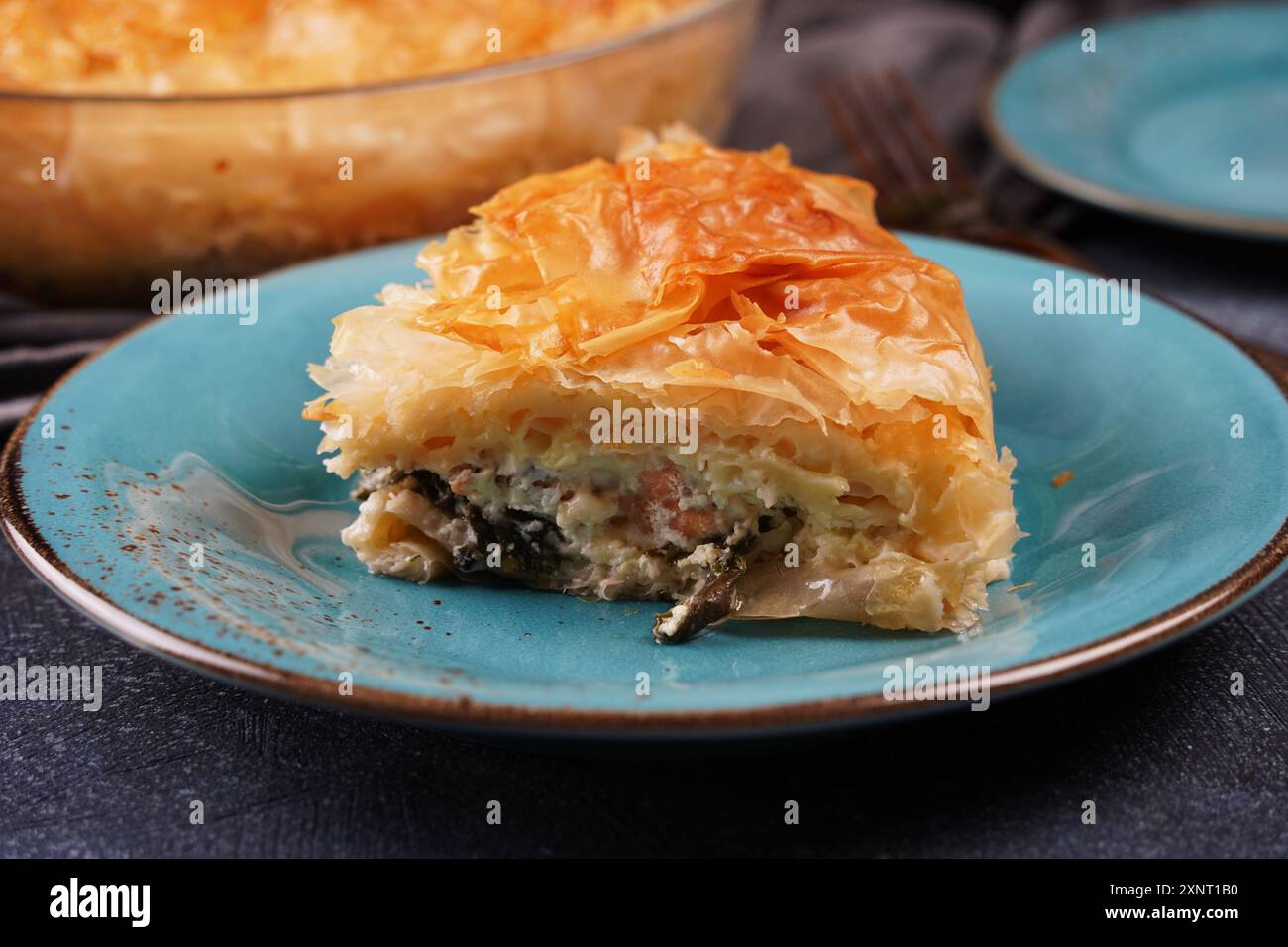 Tarte grecque aux épinards et au saumon dans une pâte fillo Banque D'Images