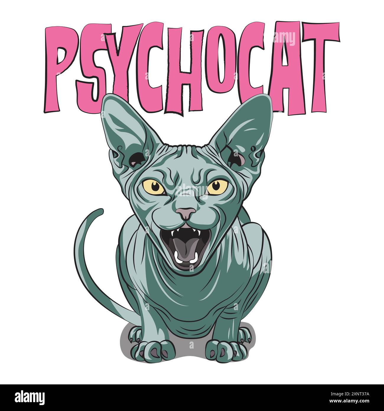 Chat sphynx en colère dans le style de bande dessinée avec une citation drôle double sens psychocat. Illustration vectorielle pour l'impression de tshirt sur demande merch Illustration de Vecteur