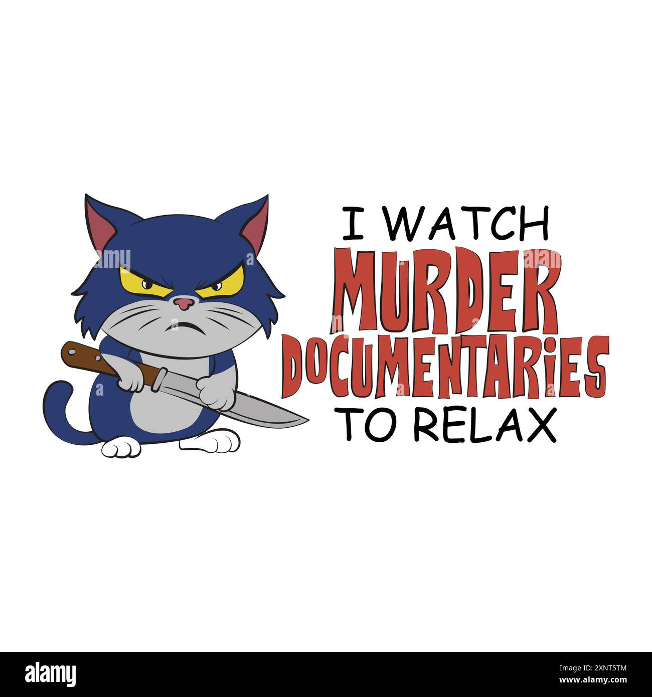 Joli dessin animé chaton en colère avec un couteau avec une citation amusante je regarde des documentaires de meurtre pour se détendre. Illustration vectorielle pour tshirt merch Illustration de Vecteur
