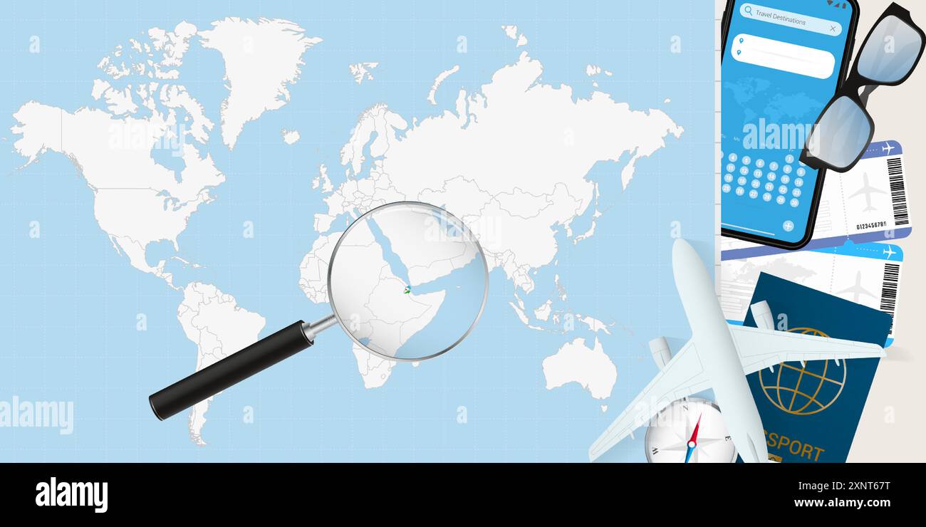 Djibouti est agrandie sur une carte du monde, illustration avec avion, passeport, carte d'embarquement, boussole et lunettes. Illustration vectorielle. Illustration de Vecteur