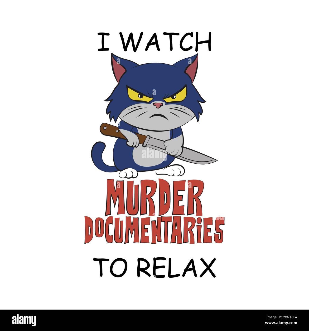 Joli dessin animé chaton en colère avec un couteau avec une citation amusante je regarde des documentaires de meurtre pour se détendre. Illustration vectorielle pour tshirt, site Web, clip art, po Illustration de Vecteur