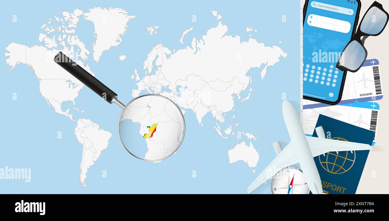 Congo est agrandie sur une carte du monde, illustration avec avion, passeport, carte d'embarquement, boussole et lunettes. Illustration vectorielle. Illustration de Vecteur Congo est agrandie sur une carte du monde, illustration avec avion, passeport, carte d'embarquement, boussole et lunettes. Illustration vectorielle. Illustration de Vecteur