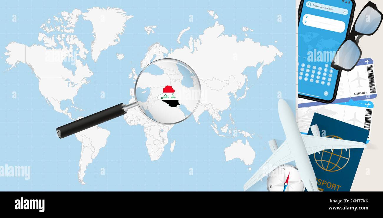 L'Irak est magnifié sur une carte du monde, illustration avec avion, passeport, carte d'embarquement, boussole et lunettes. Illustration vectorielle. Illustration de Vecteur