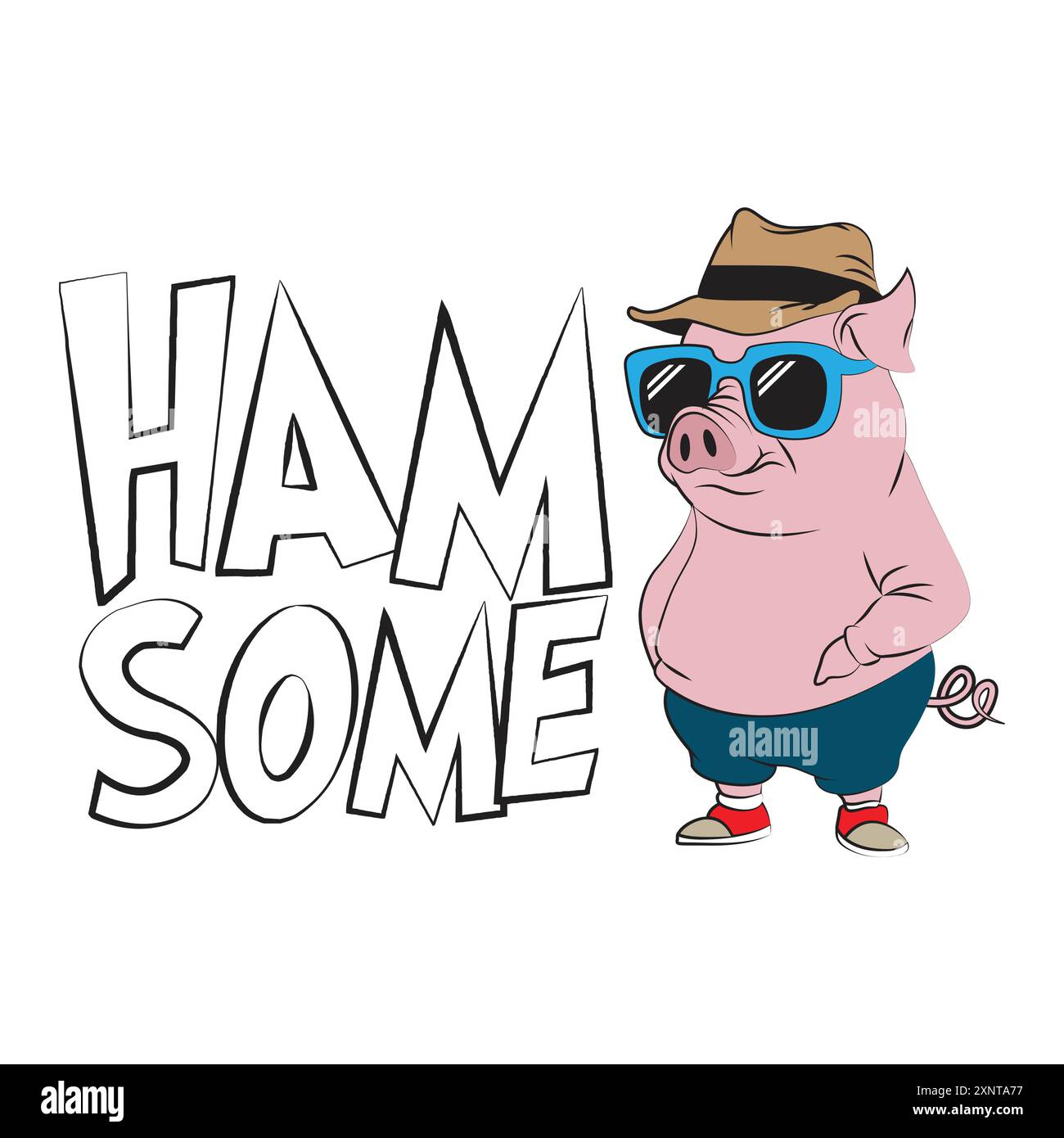 Cool Pig avec des lunettes de soleil et une citation double sens drôle hamsome signifie beau. Illustration vectorielle pour l'impression de tshirt sur demande merch Illustration de Vecteur