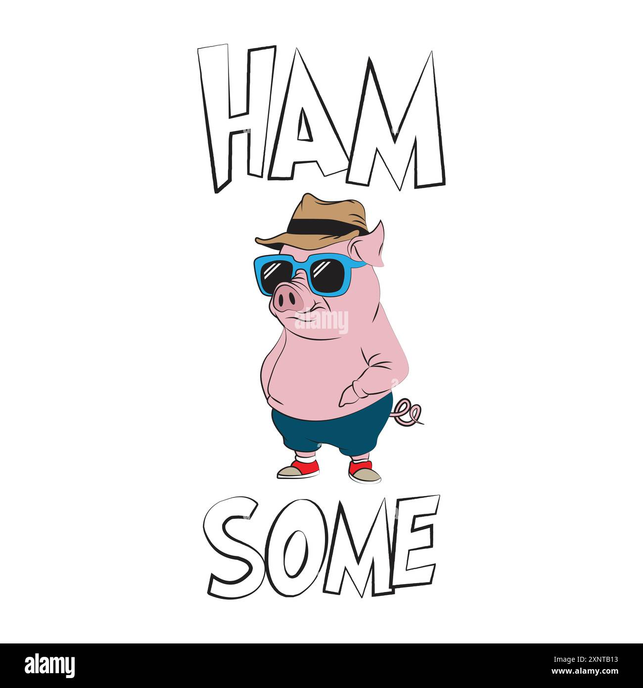 Cool Pig avec des lunettes de soleil et une citation double sens drôle hamsome signifie beau. Illustration vectorielle pour l'impression de tshirt sur demande merch Illustration de Vecteur
