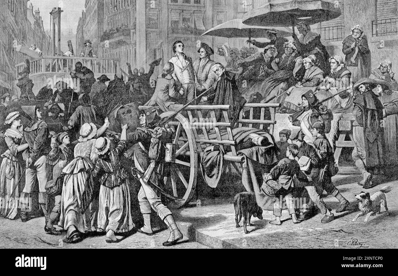 Les aristocrates DE LA RÉVOLUTION FRANÇAISE sur leur chemin vers l'exécution dans une illustration de livre américain de 1900 Banque D'Images Les aristocrates DE LA RÉVOLUTION FRANÇAISE sur leur chemin vers l'exécution dans une illustration de livre américain de 1900 Banque D'Images