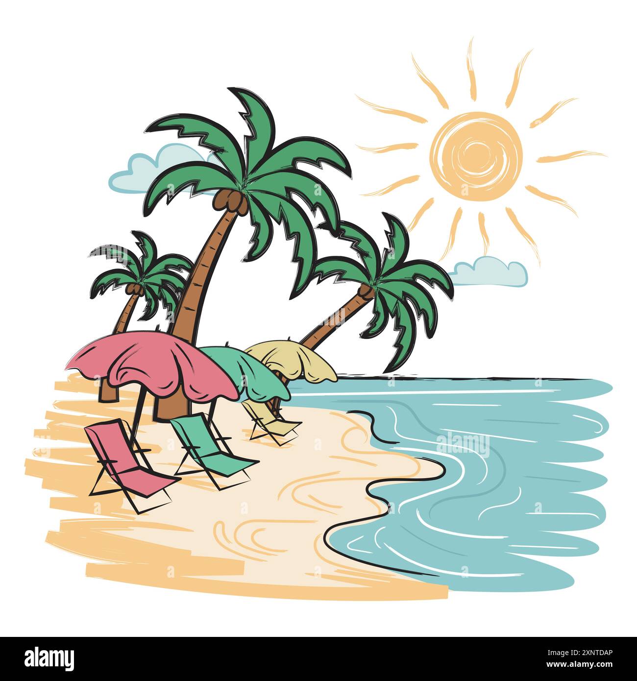 Plage sur une île avec des cocotiers, endroit pour les vacances, au moment du lever du soleil dans le style de peinture artistique. Illustration vectorielle pour tshirt, site Web, Illustration de Vecteur Plage sur une île avec des cocotiers, endroit pour les vacances, au moment du lever du soleil dans le style de peinture artistique. Illustration vectorielle pour tshirt, site Web, Illustration de Vecteur
