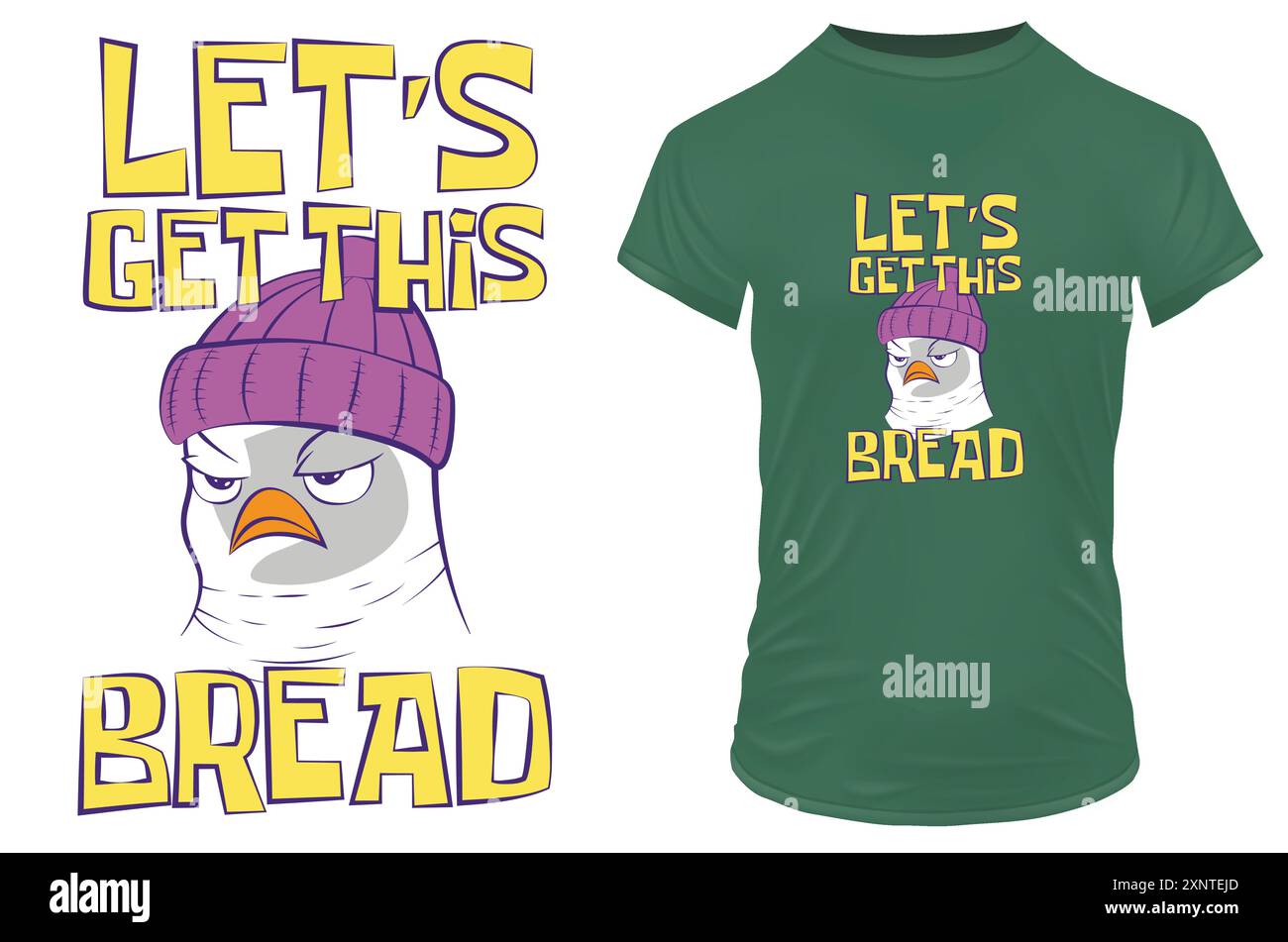 Mouette avec bonnet violet "Let's Get This Bread" Citation drôle Design de T-Shirt avec illustration vectorielle d'oiseau de dessin animé Illustration de Vecteur