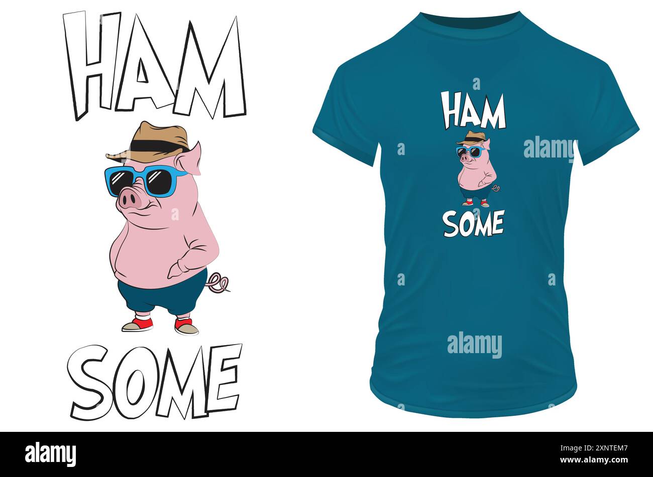 Cool Pig avec des lunettes de soleil et une citation double sens drôle hamsome signifie beau. Illustration vectorielle pour l'impression de tshirt sur demande merch Illustration de Vecteur