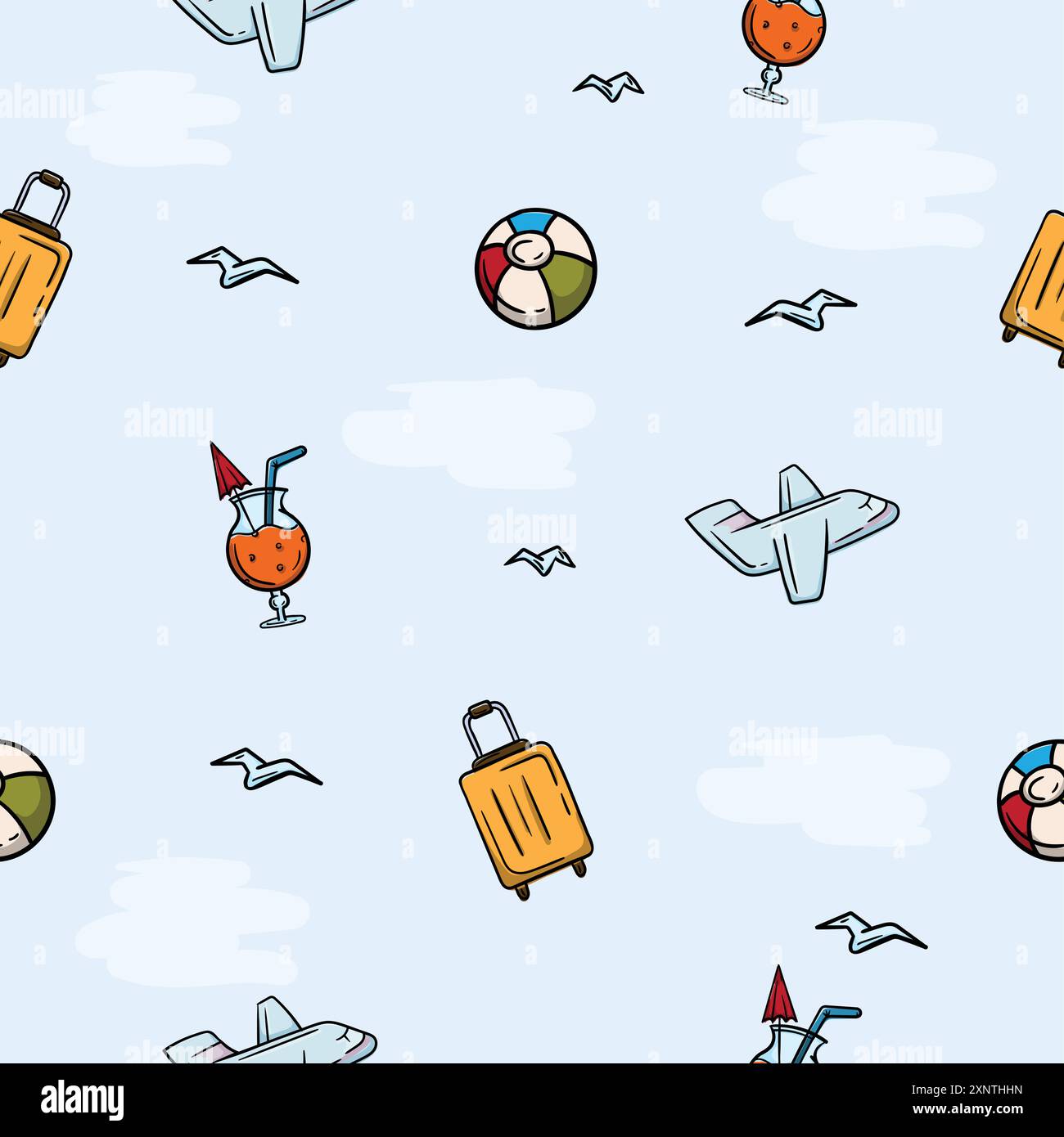 Motif sans couture lumineux avec plage, balle, avion, cocktail et valise. Illustration liée aux vacances, voyages, mer Illustration de Vecteur