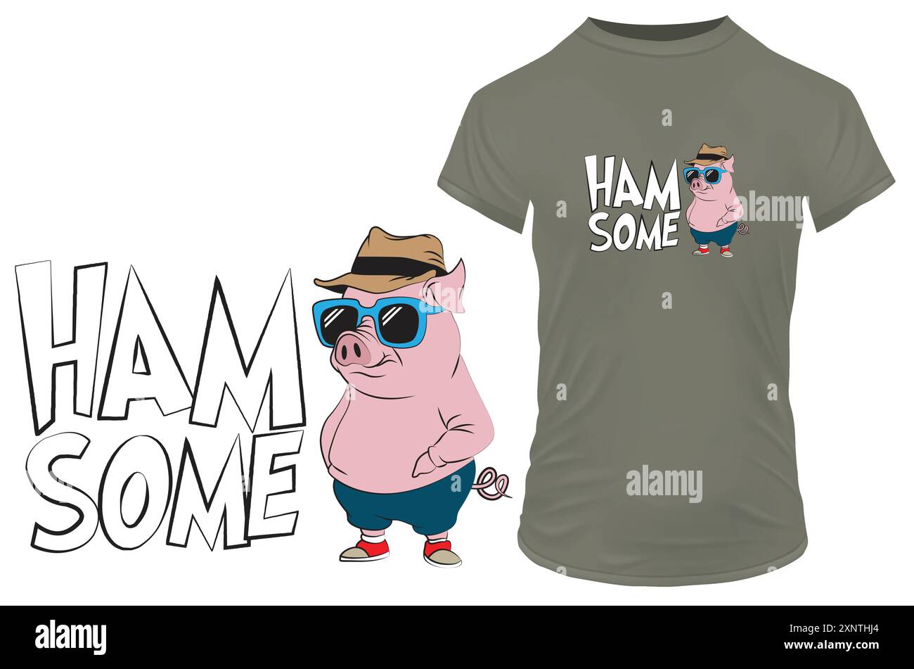 Cool Pig avec des lunettes de soleil et une citation double sens drôle hamsome signifie beau. Illustration vectorielle pour l'impression de tshirt sur demande merch Illustration de Vecteur