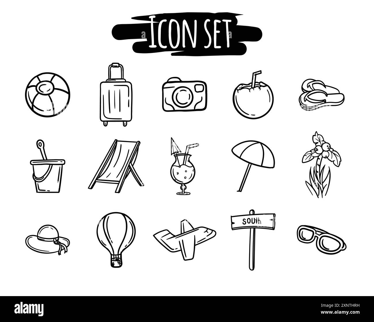 Ensemble vectoriel simple d'icônes en noir et blanc liées au tourisme, aux loisirs, à la mer, aux voyages et aux vacances. Signes et symboles Illustration de Vecteur