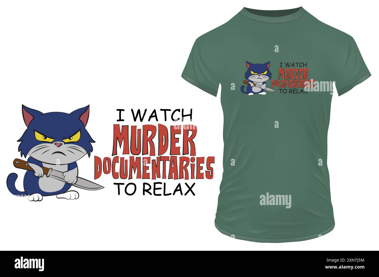Joli dessin animé chaton en colère avec un couteau avec une citation amusante je regarde des documentaires de meurtre pour se détendre. Illustration vectorielle pour tshirt merch Illustration de Vecteur