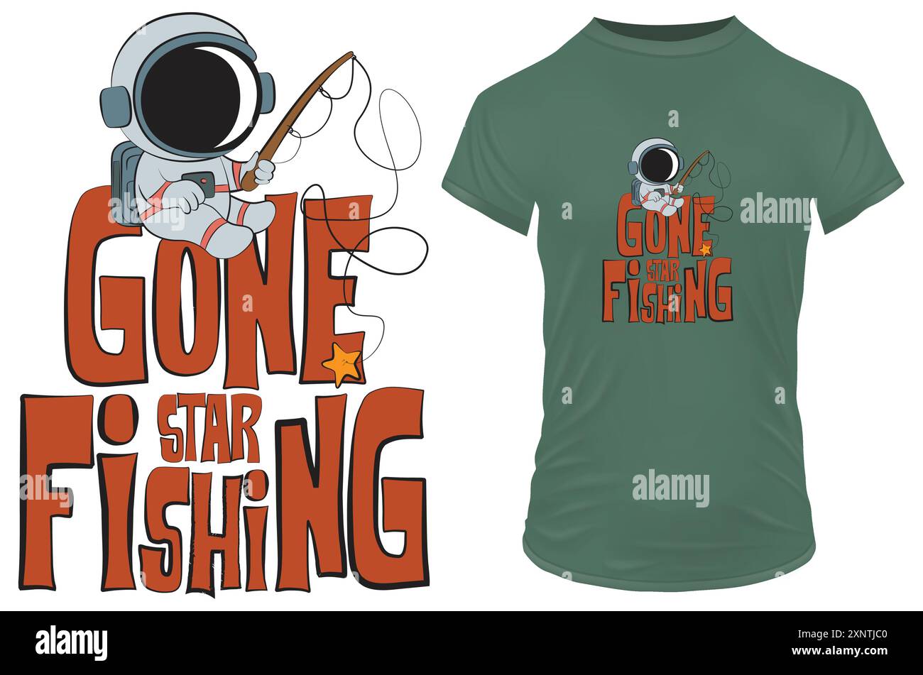 Parti pêcher à l'étoile. Astronaute mignon pêchant dans l'espace attraper des étoiles avec une canne à pêche et une citation drôle. Illustration vectorielle pour tshirt POD merch Illustration de Vecteur